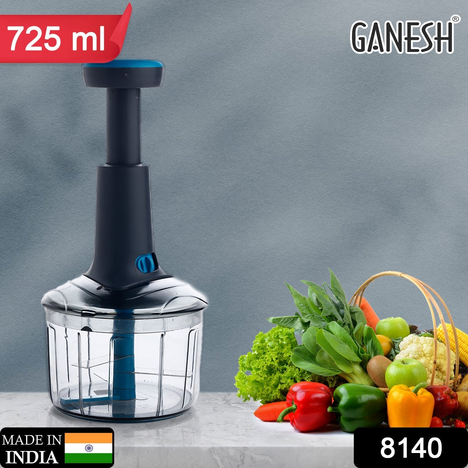 Close-up of Ganesh Bingo push chopper, showing blades Close-up of Ganesh Bingo push chopper, showing blades